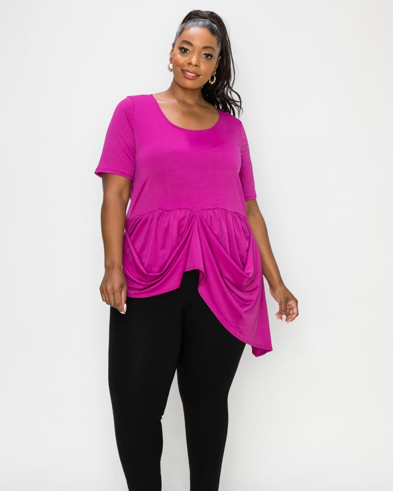 Front of a model wearing a plus size Savannah Draped Peplum Top in Magenta by L I V D. | dia_product_style_image_id:241002
